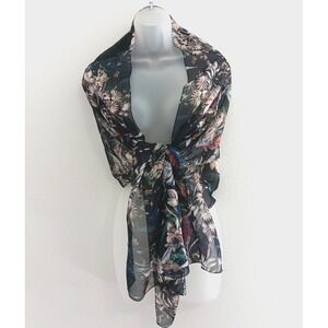 ITALIAN Scarf Wrap Floral Black Sheer Lightweight Chic Wild Flower Artsy 23x70